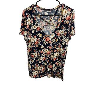 West Coast Love Multicolor Floral Crisscross Short Sleeve V-Neck Top Boho Chic